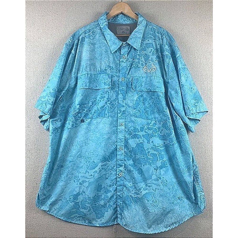 Ocean Coast Realtree Fishing Shirt Mens 2XLT Blue Water Camo Short Sleeve Button